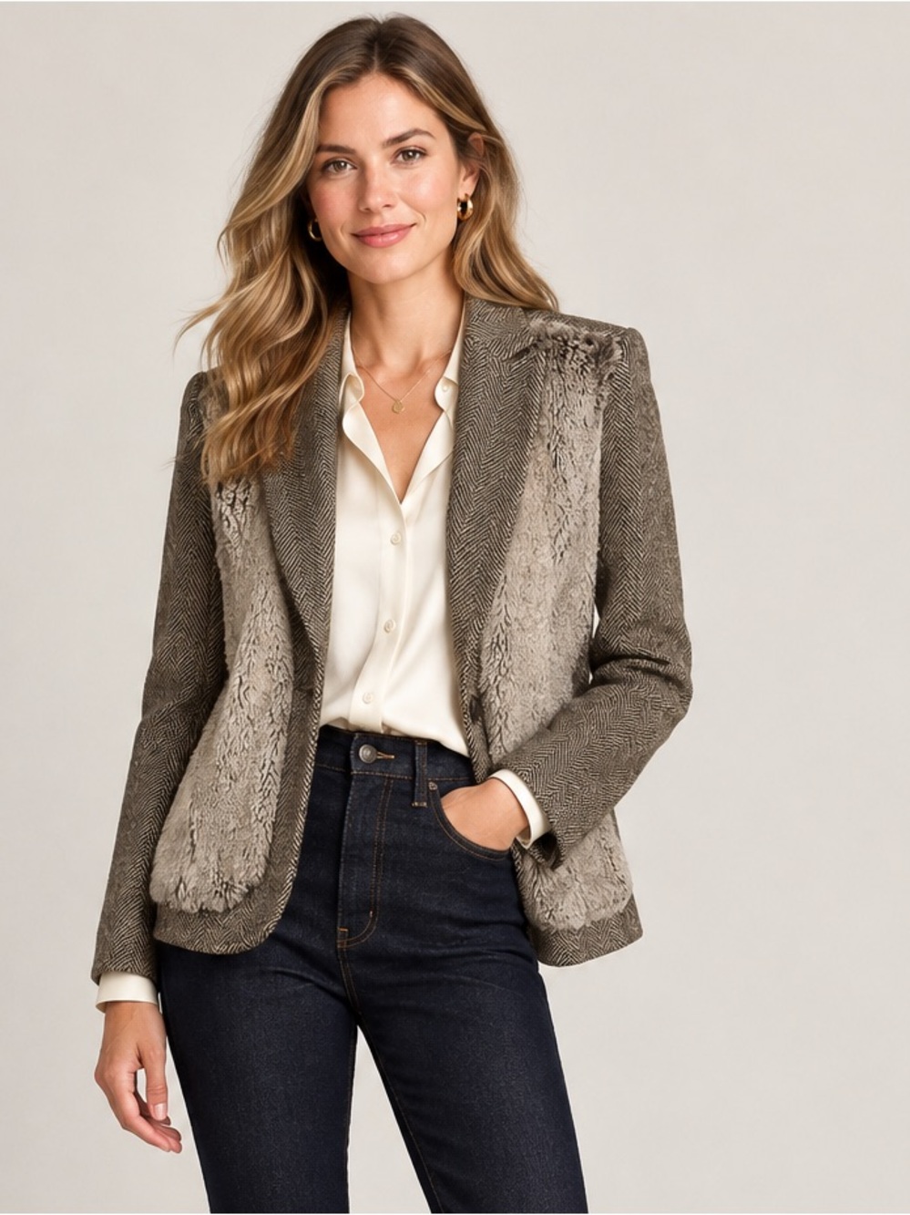 Rachel Roy Signature Wool Cashmere Faux Fur Blazer Jacket. Size 8. Color Loden.